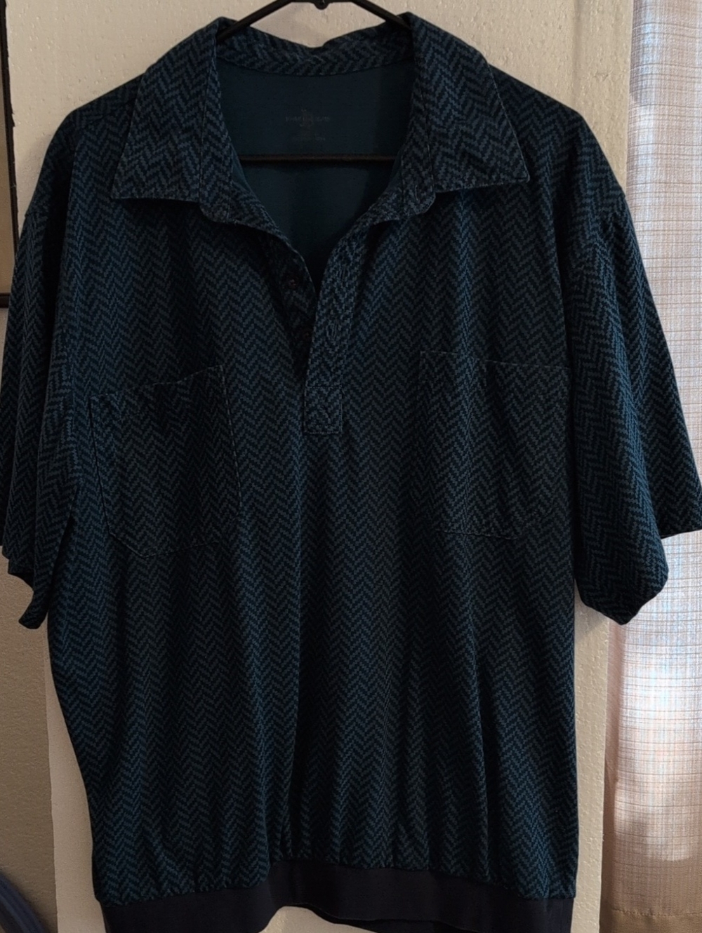Men's Short Sleeve Polo Shirt in Dark Teal Herringbone